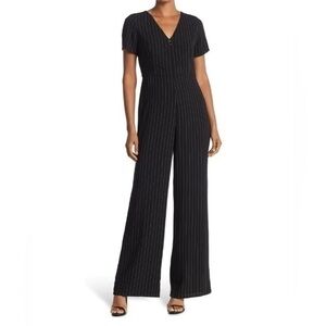 Focus by Shani Black Pinstripe Wide Leg V-Neck Short Sleeve Jumpsuit Size 4